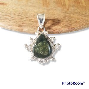Green Natural Stone Cabochon Pendant Teardrop In Sterling Silver